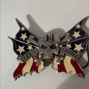 Lucky Brand Red, White, Blue Skull & Flag Belt Buckle